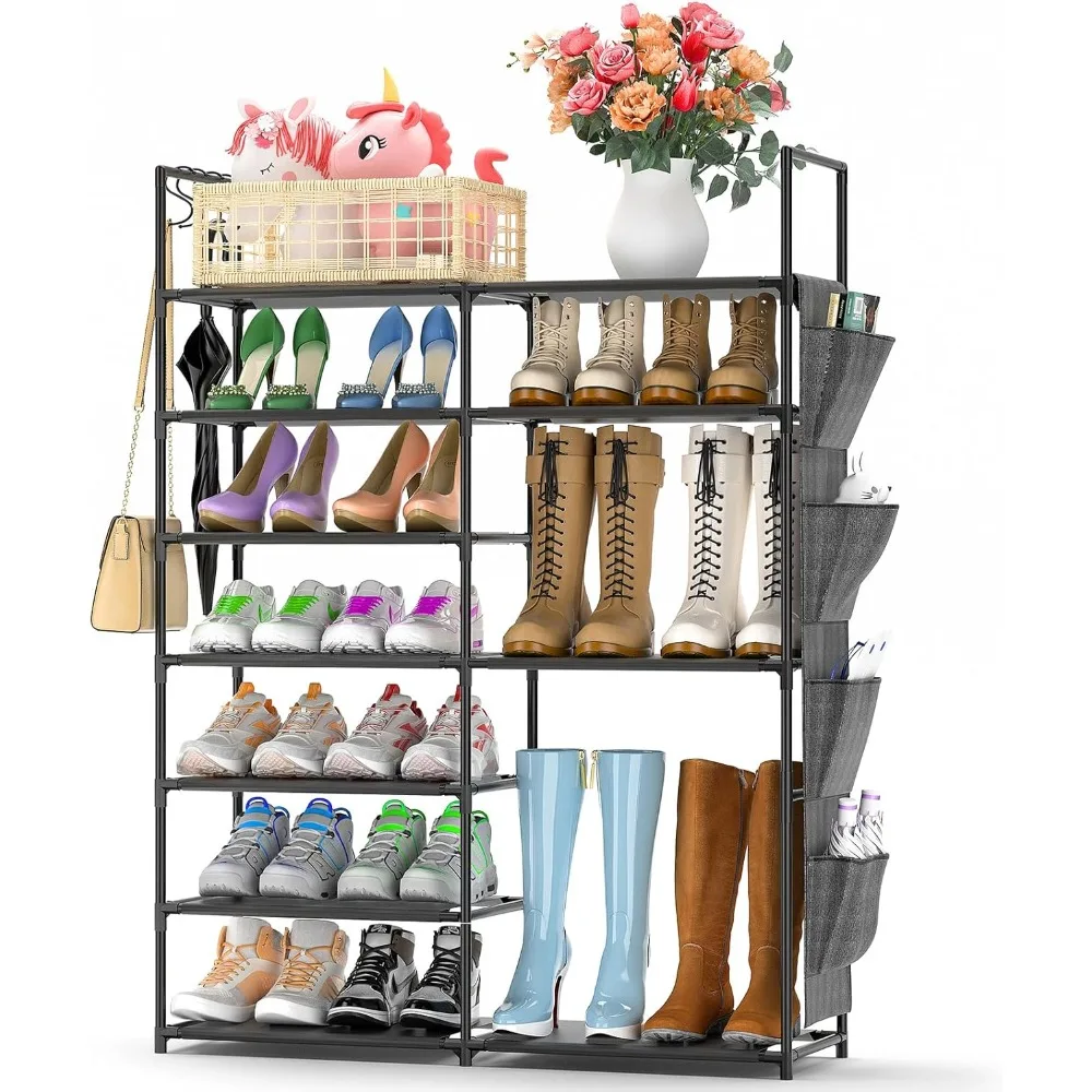 

7 Tiers Shoe Rack Metal Shoe Organizer for Entryway Closet,24-28 Pairs Stackable Shoe and Boots Shelf Storage Cabinet with Hooks