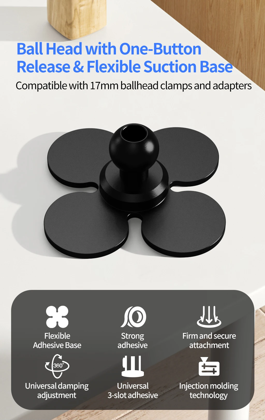 360 drehbare Helm-Kamerahalterung, flexible selbstklebende Basis, 17 mm Kugel für GoPro 13 12 11 Insta360 X4 X5 Ace Pro Motorradhalterung – Detail 1
