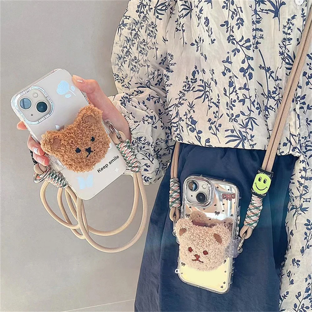 Korean Cute Plush Bear Back Clip Phone Strap Rope Shoulder Bag For iPhone Lanyard Cross Hanging Chain Adjustable Hemp String