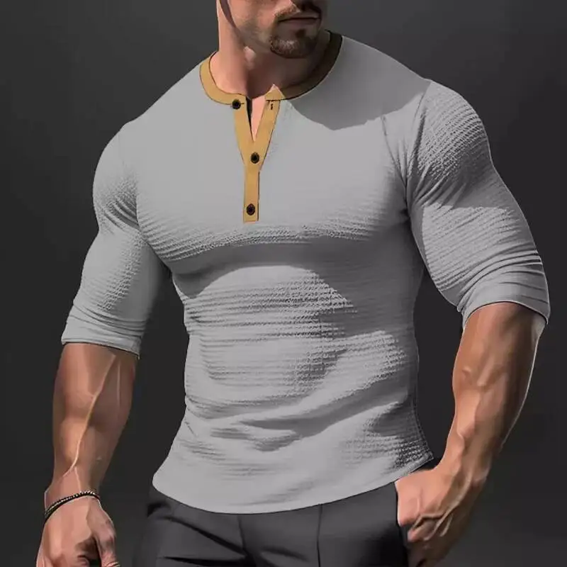 

Европейский стиль, весна-осень, новые футболки, мужские вафельные пуговицы с v-образным вырезом, контрастные цвета, модные уличные повседневные топы с рукавами 3/4