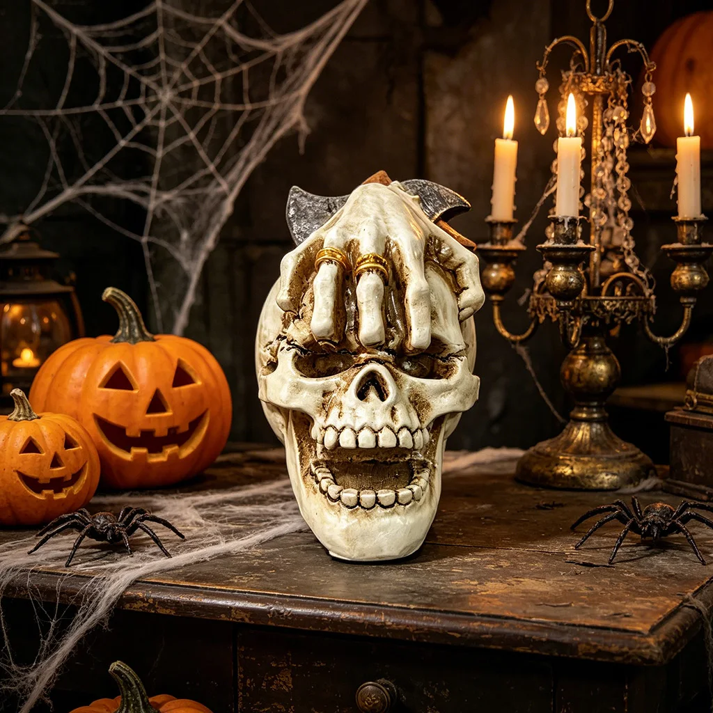 Gothic Skull Resin Figurine, Spooky Hand & Axe Ornament, Creepy Halloween Home Desk Decor, Horror Style Party Decoration Gift