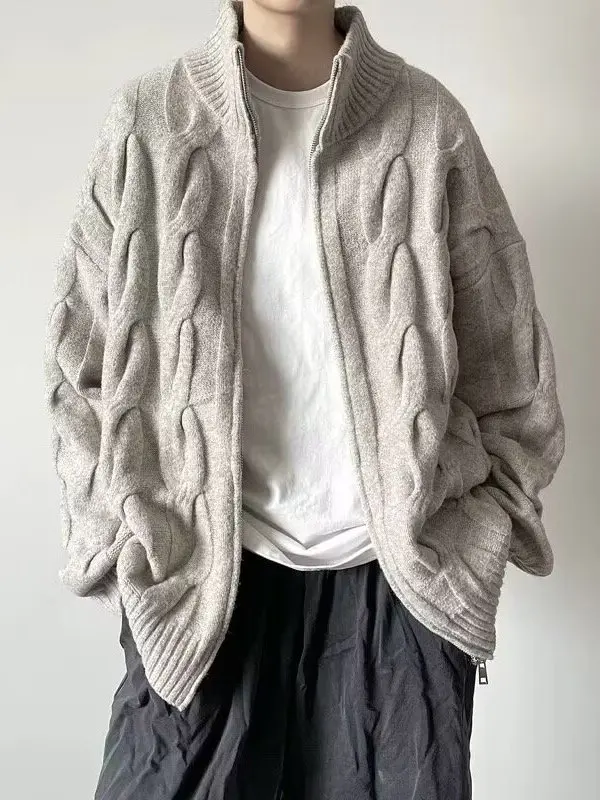 

Мужской вязаный свитер на молнии с высоким воротником, винтажный, в японском стиле, повседневный, длинный, мягкий, из смесового хлопка, комфортный