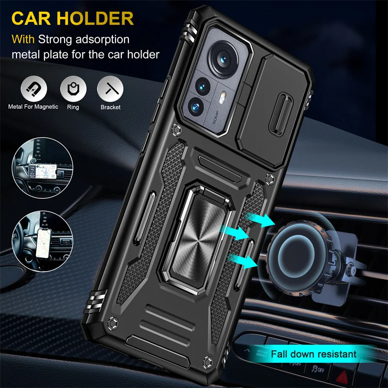 Slide Camera Shockproof Armor Case For Xiaomi Redmi 10 Note 11 11S Mi 12 12X 12S 11T Pro Magnetic Ring Stand Holder Back Cover