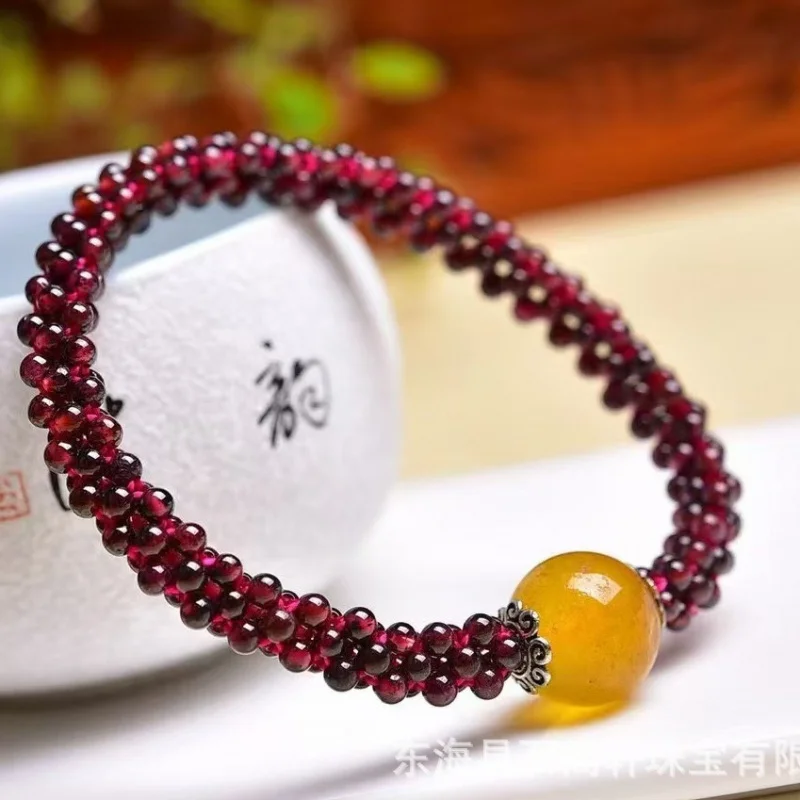 

Natural Wine Red Garnet Single Loop Woven Bracelet