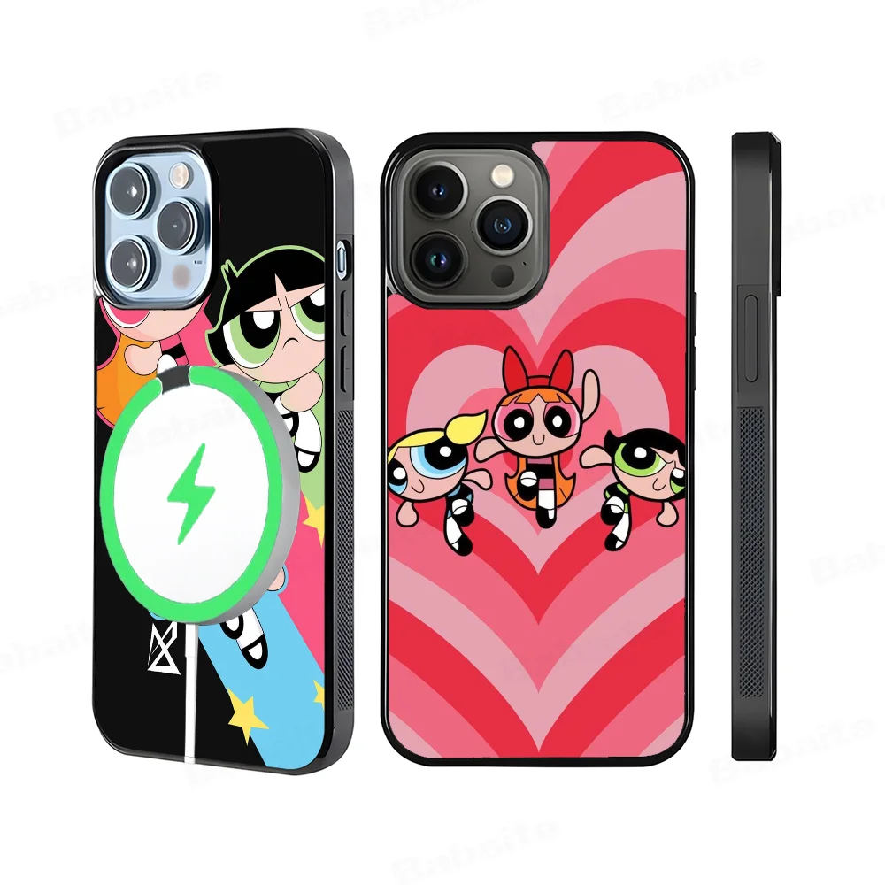 Lovely Powerpuff Girls Wave Phone Case Magnetic Case For IPhone 16 14 13 12 11 15 Pro Max Plus For Magsafe Wireless Charge Cover