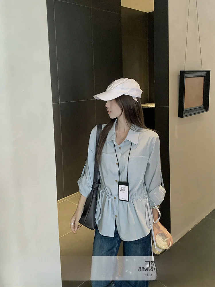 

Женская осенняя модная блузка с длинным рукавом и воротником, с завязками на талии, приталенная, универсальная, в корейском стиле, для повседневной носки