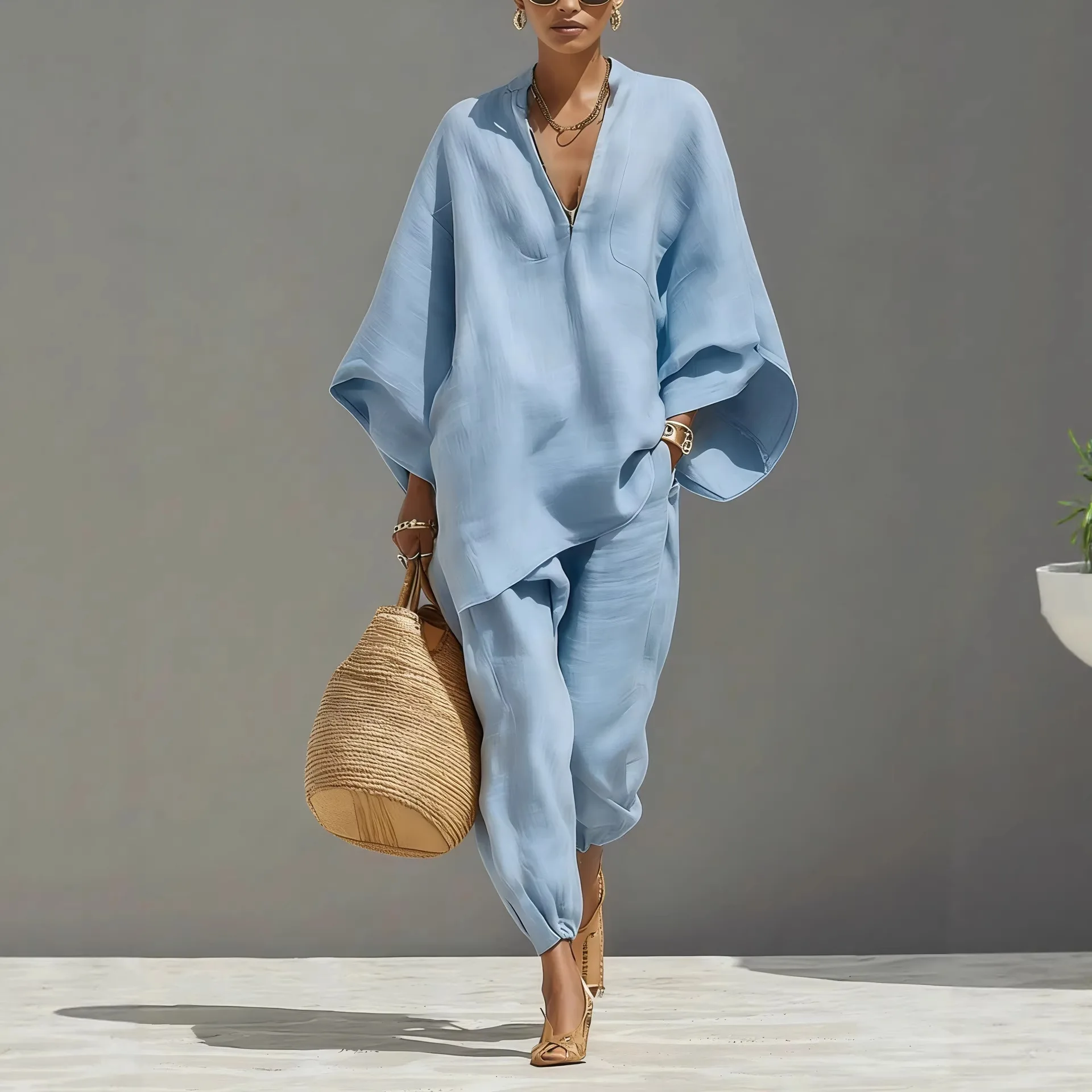 

Повседневный комплект из двух предметов с V-образным вырезом для женщин: модные свободные топы с длинными рукавами и брюки с широкими штанинами, элегантные костюмы, лето 2026