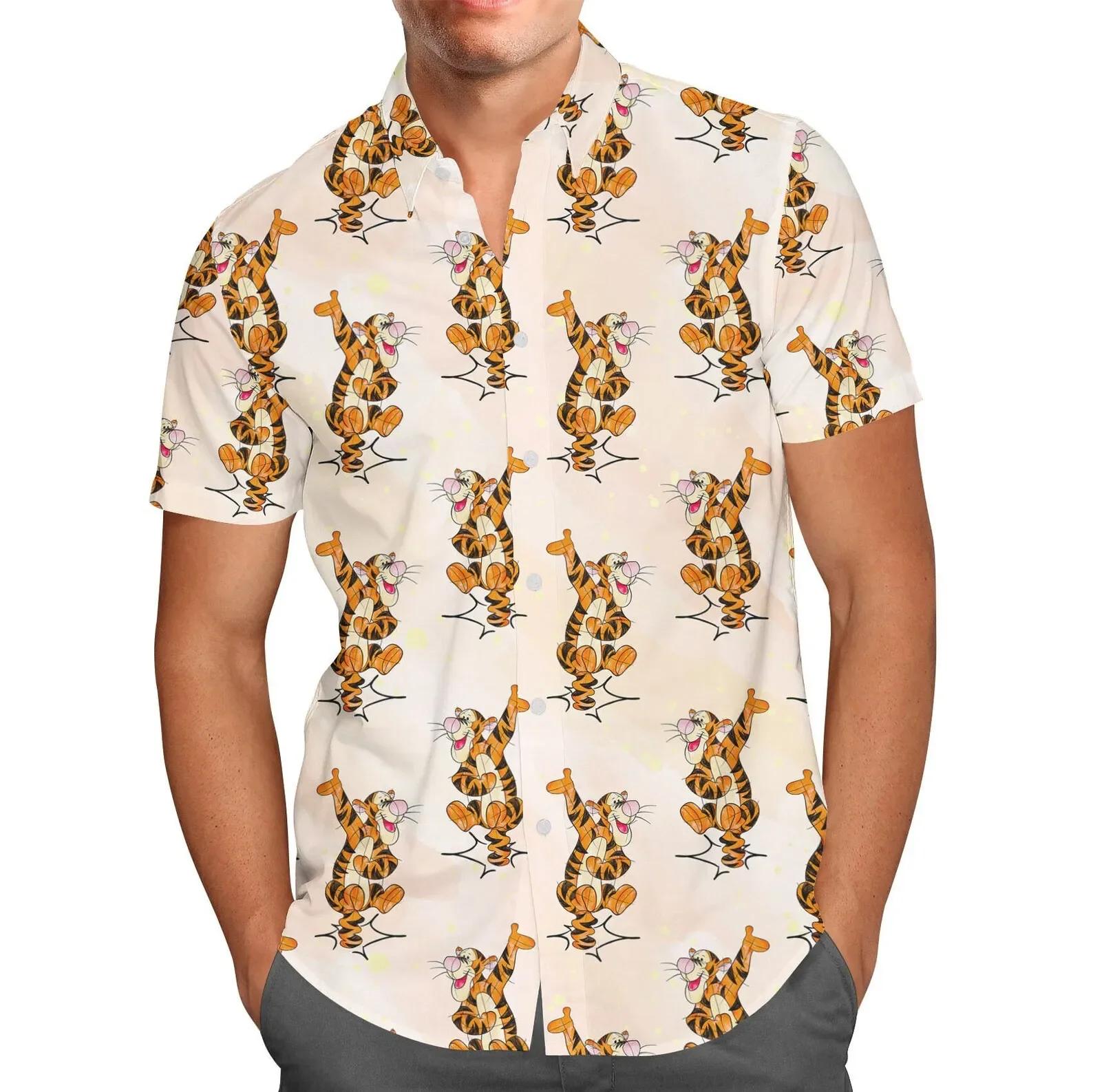 Tigger hawaianas-camisas de manga corta Unisex, camisas hawaianas de Disney, camisas Vintage con botones, camisas casuales de playa