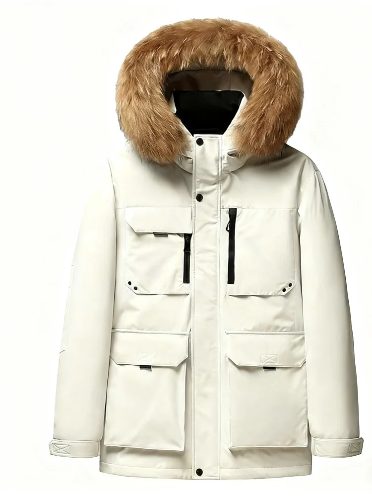 Men's Premium Gray Goose Down Winter Parka - Windproof Cold Weather Jacket with Detachable Fur Trim Hood