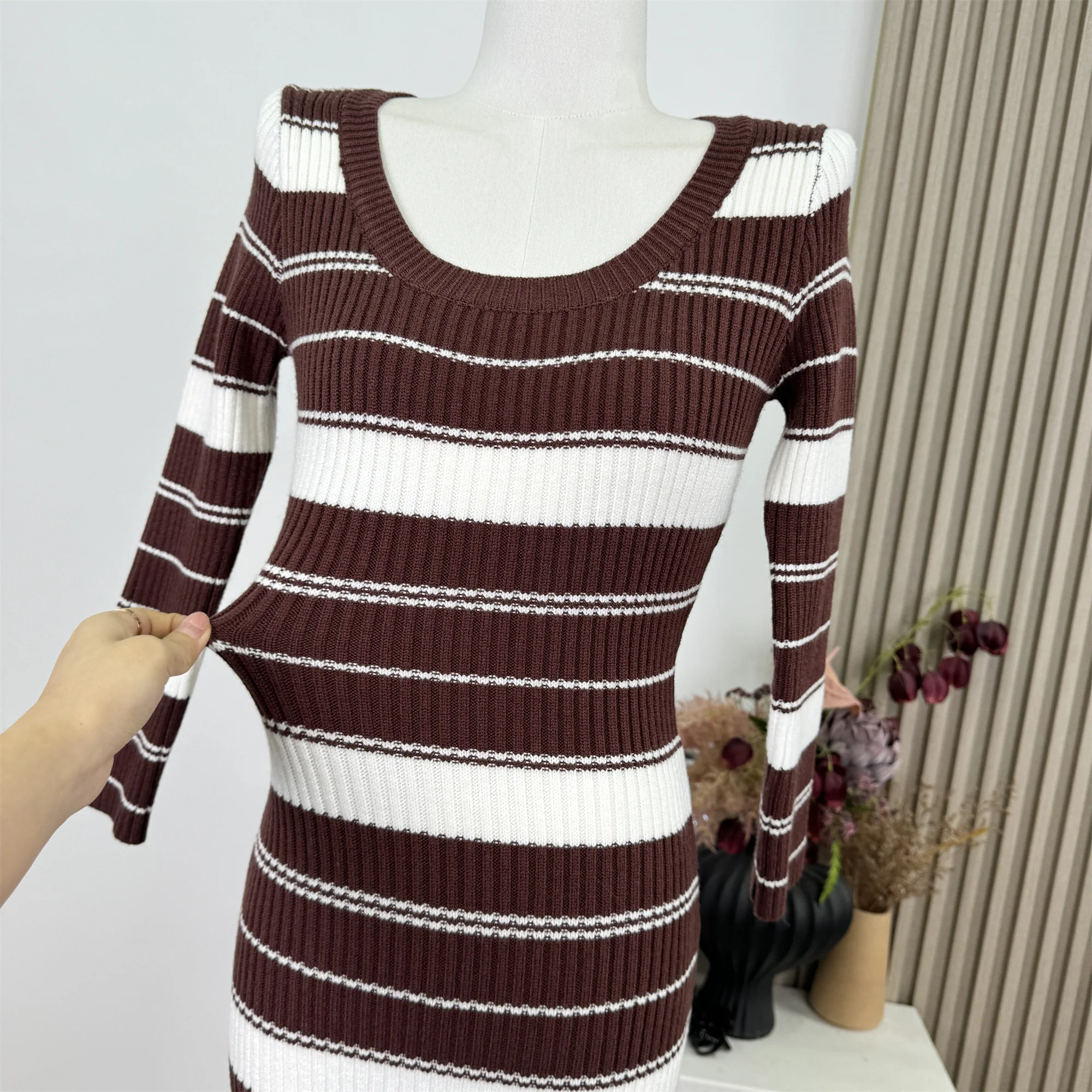 الخريف الربيع المرأة كسول نمط محبوك فستان طويل الأكمام عالية الخصر Bodycon فستان الشارع نمط مخطط تريكو F490