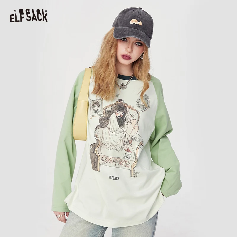 Imagem -02 - Elfsack-camiseta Feminina com Gola Redonda Estampada em Desenhos Animados Camisa de Cueca Solta Manga Longa Doce Estilo Acadêmico Primavera 2023