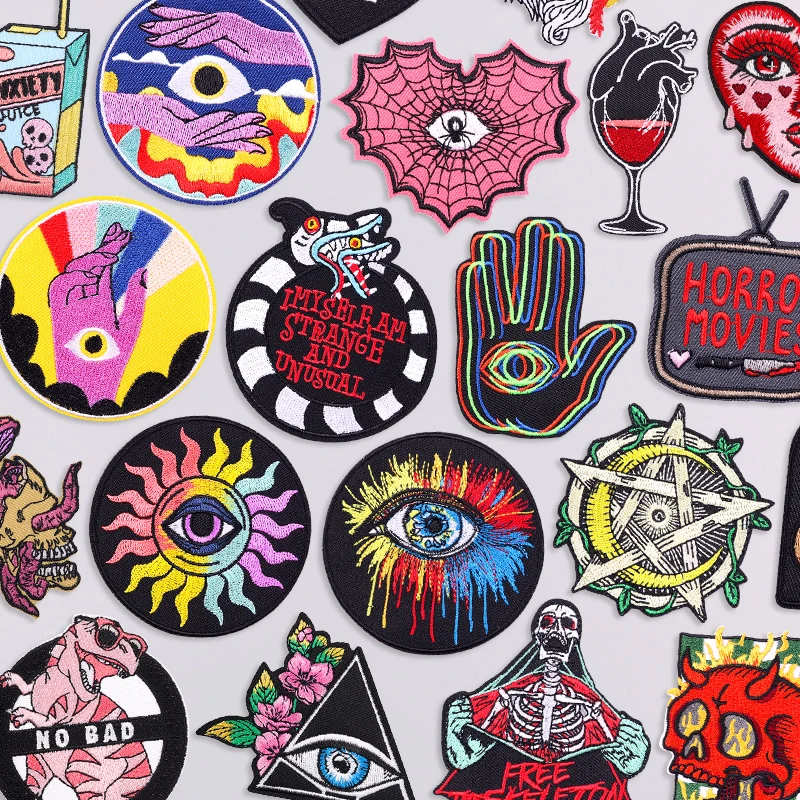 Punk-Hippie-Augen-Patch zum Aufbügeln, Thermoadhäsive Aufnäher für Kleidung, Totenkopf/Skelett-Dekor, Bestickter Patch