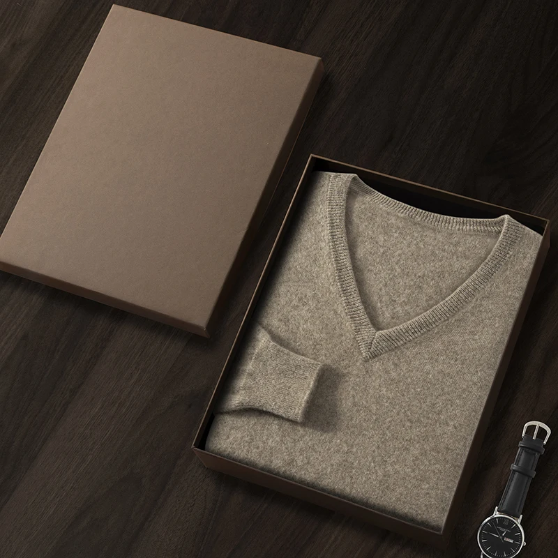 

Мужской свитер из 100% кашемира, деловой повседневный, однотонный, вязаный, свободного кроя, с V-образным вырезом, базовый универсальный джемпер