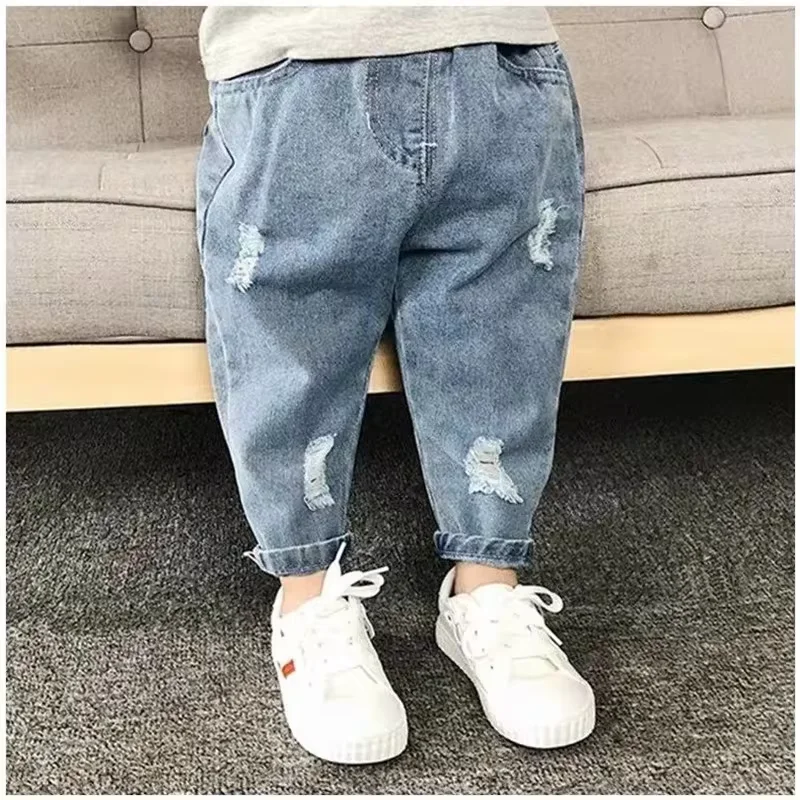 Spring Autumn Boys' Fashionable Ripped Jeans Children's Casual Loose Denim Trousers New Boy's Baby All-match Jeans Pants