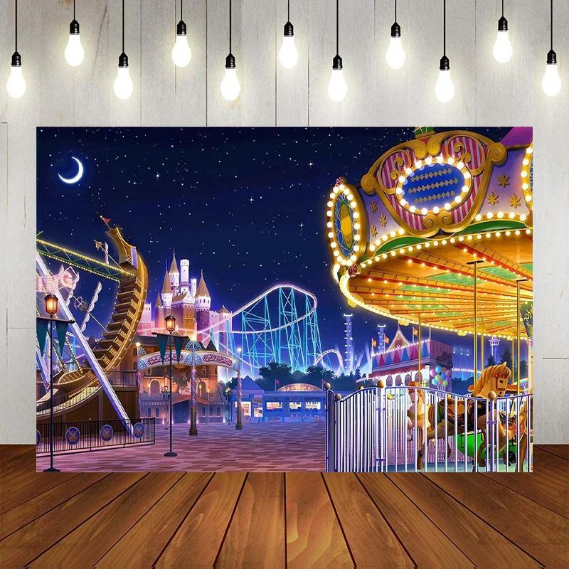 Amusement Park Backdrop Carousel Roller Coaster Photography Background Fantasy Birthday Party Baby Shower Decoration Banner