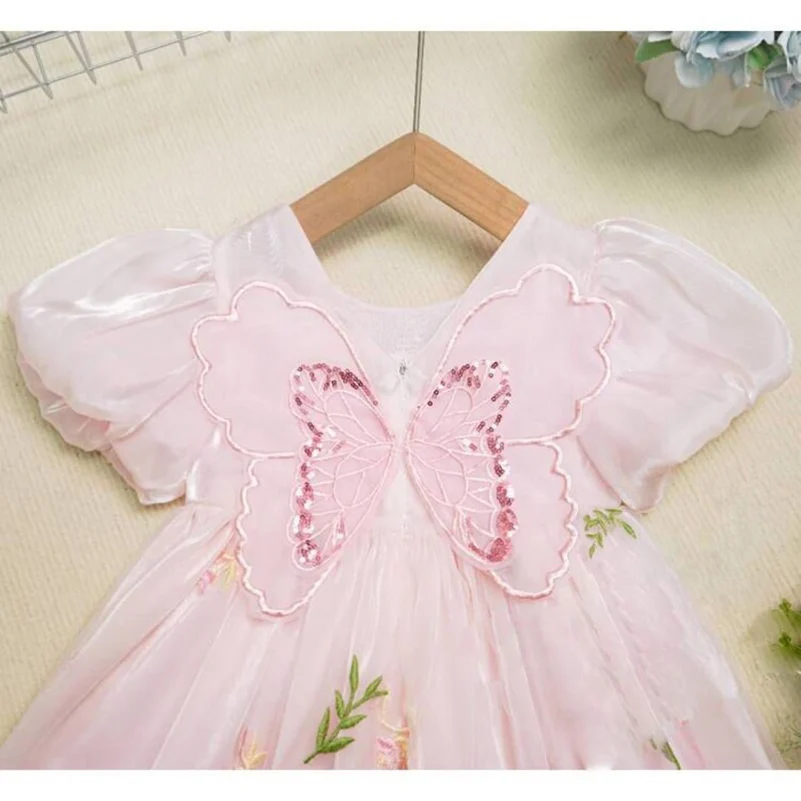 Summer style girl\'s kid clothes baby clothing butterfly print sweet doll collar petal sleeve dress princess dress baby dress