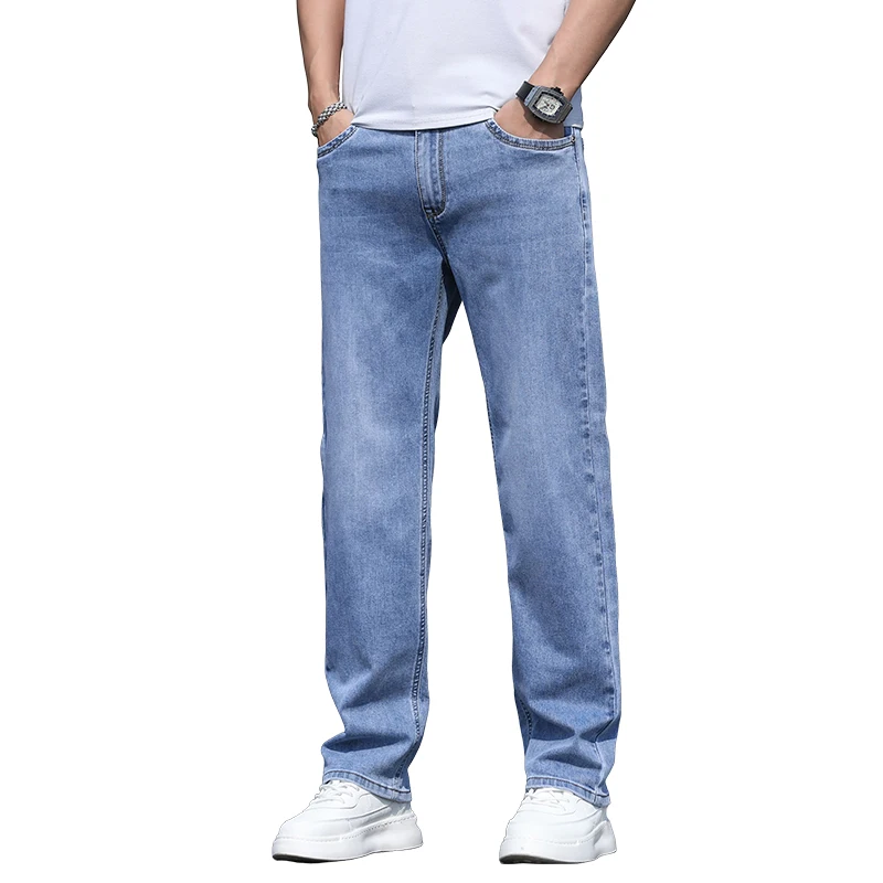 

Мужские тонкие джинсы из денима, новые весенне-летние дышащие брюки из смесового хлопка, повседневные брюки в деловом стиле, модная уличная одежда, городской стиль