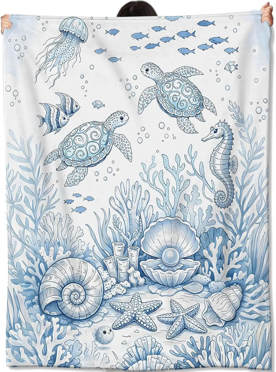 Hand Draw Underwater Creature Coral Pearl White Base Flannel Throw Blanket, Warm Cozy Blanket, Marine Decor Gift For Bedroom
