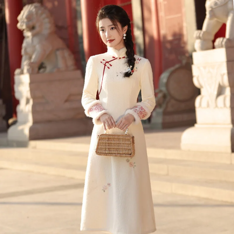 두꺼운 중국 스타일 긴팔 원피스 치파오, 일상 개량 치파오, 젊은 레트로, 가을 겨울 신상