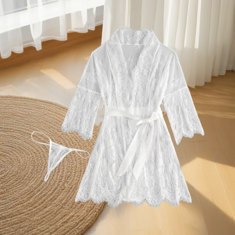 

Romantic, fashionable, sexy sleepwear, see through lace long sleeved cardigan, erotic lingerie, Valentine's Day party