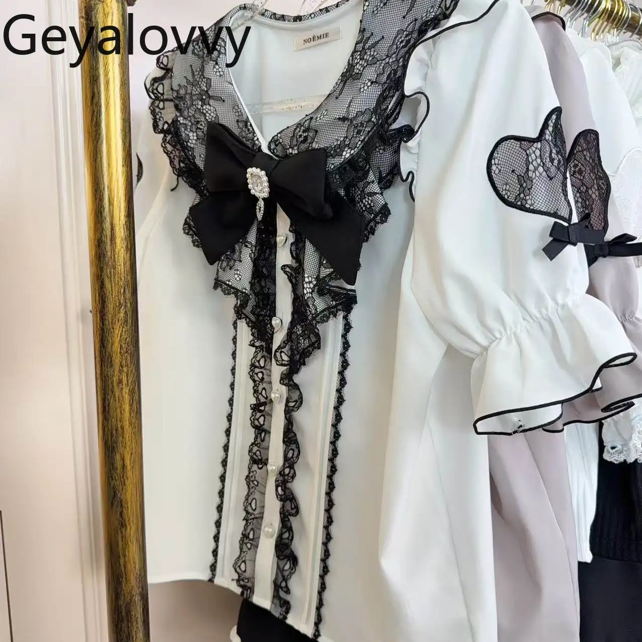 

Cute Sweet Short-sleeved Tops for Women Patchwork Lace Fungus Edge Bows Shirt Summer New Arrival Elegant Blouses Femme
