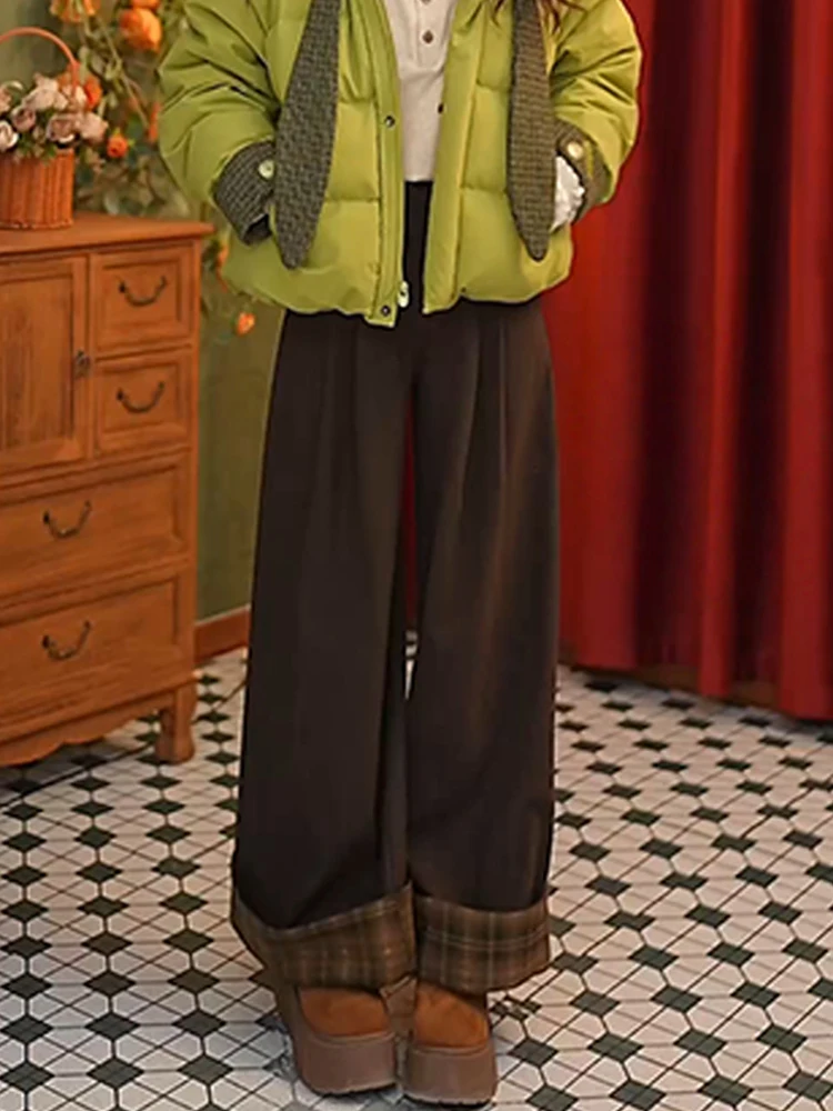 High Waist Straight Leg Wide Leg Pants Women's Plaid Cuffed Loose Fit Casual Trousers Autumn Winter Fashion plus Size