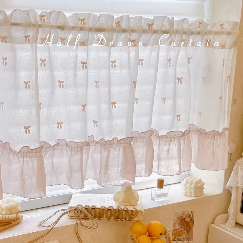 Cream‑Style Pink Skirt Half Window Drape Lace Sheer Gauze Cute Bow Custom Size Partition Decor for Balcony Elegant Window Decor
