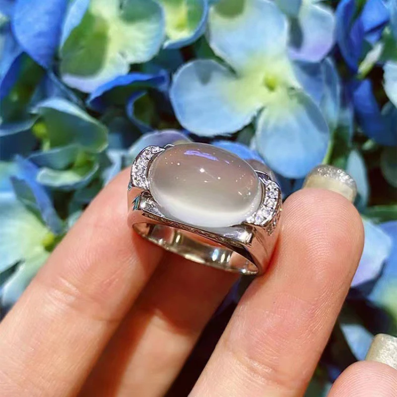 Simple and Natural White Ice chalcedony rings for women silver 925 inlay Diamond Glossy Exquisite Saddle Ring Commuter Jewelry