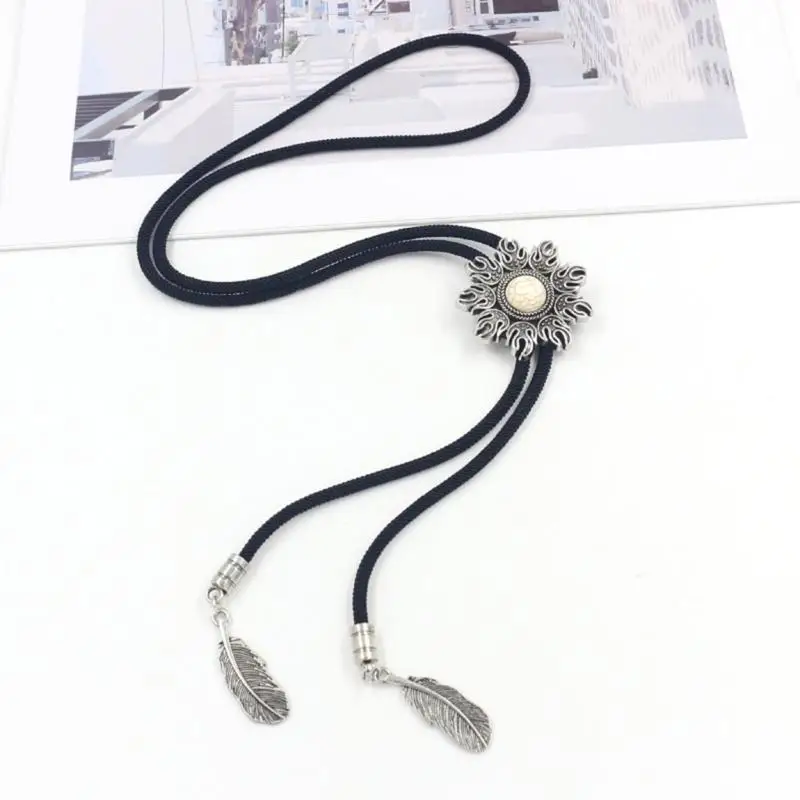 

652F Braided Rope Bolo Tie Sun Turquoises Stone Western Necklace with Metal