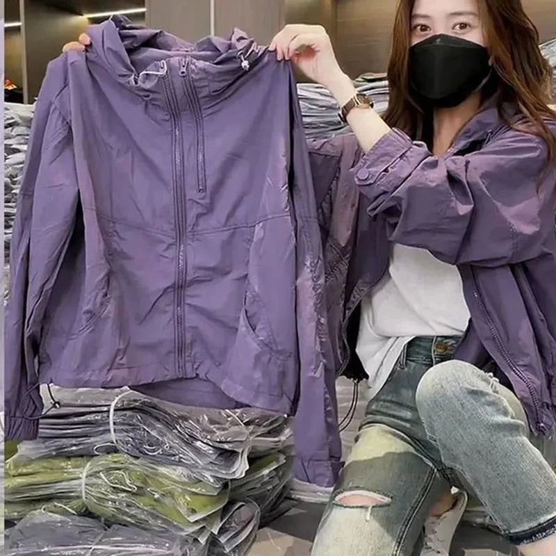 2025 New Women's Sunscreen Fashion Purple Sun Protection Clothes Summer Loose Thin Hooded Casual Sun Protection Jacket Women Coa