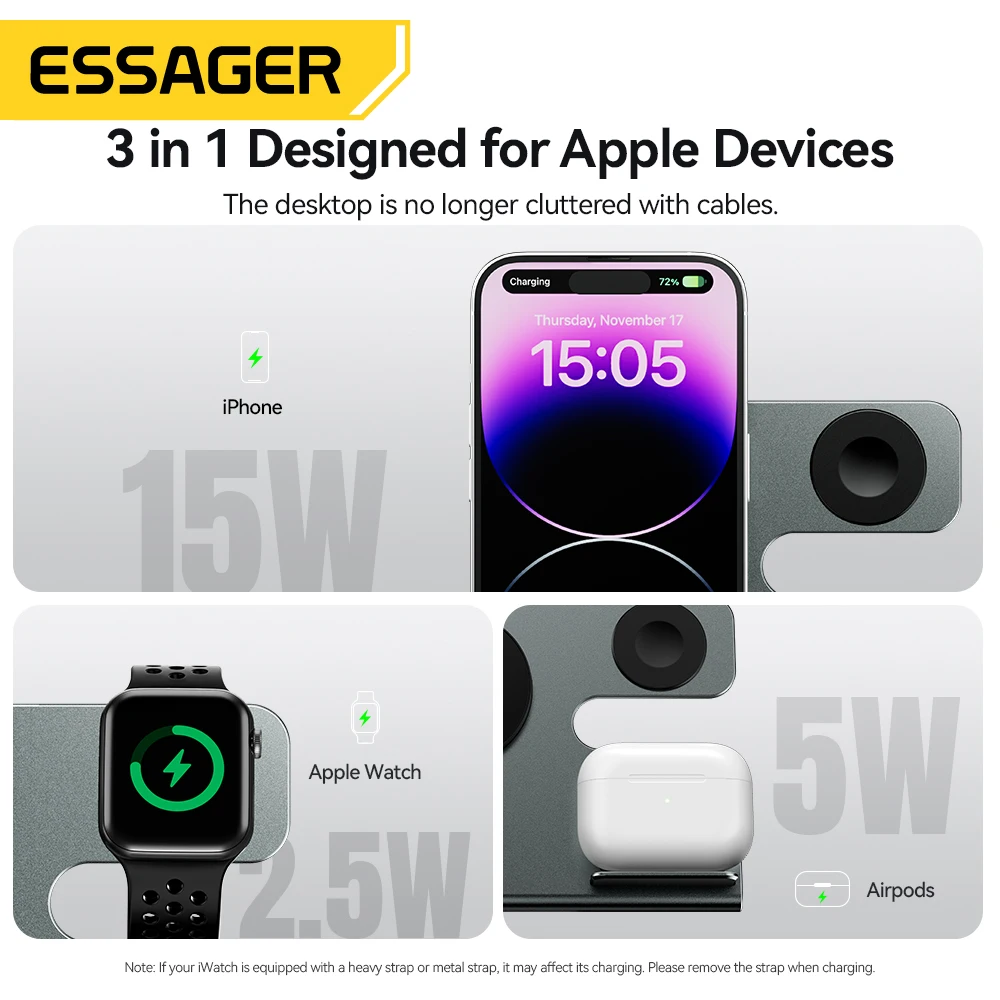 Imagem -04 - Essager Magnetic Suporte do Carregador sem Fio Estação de Carregamento Rápido Suporte para Iphone 15 14 13 12pro Airpods Apple Ver pd 15w em 1