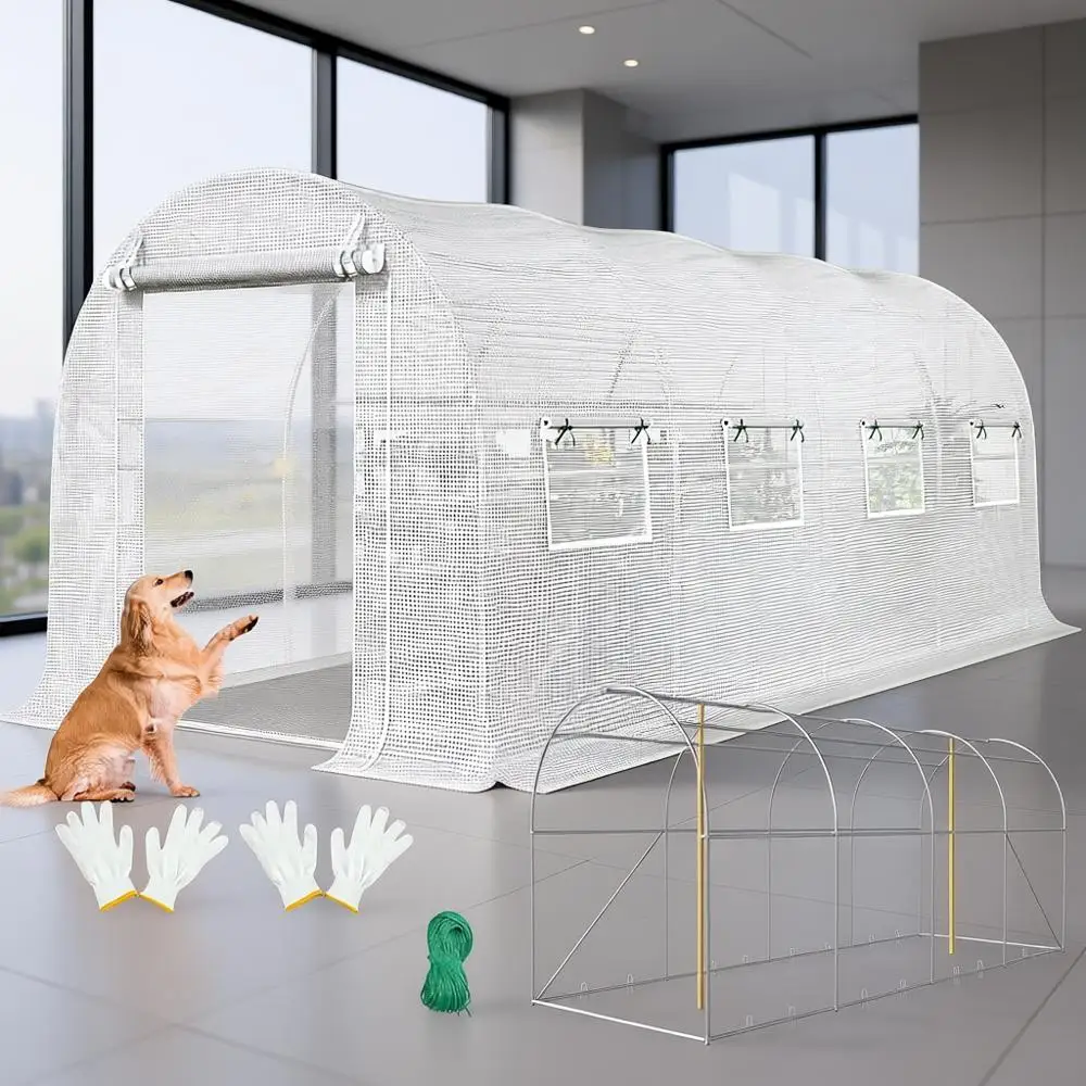 

Large Outdoor Premium Greenhouse, Heavy-Duty Galvanized, 15x6.6x6.6FT, Screen Door, Zippered Tunnel, White