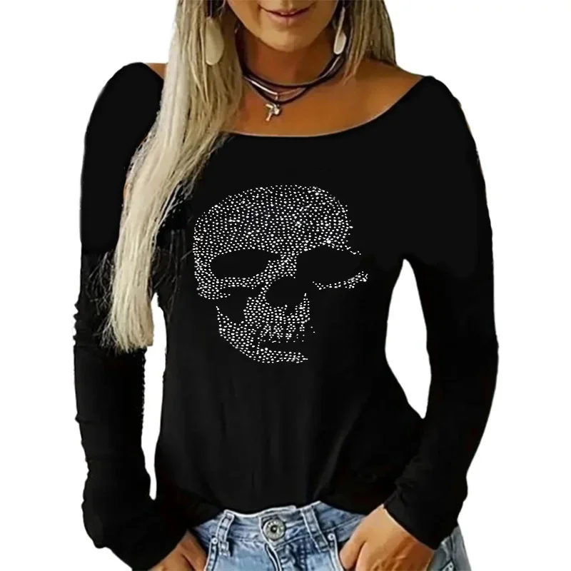 Chic Zircon Heart Skull T-shirt Women Solid Color Hollow Long sleeved Tops Fashion Spring Autumn Tee Clothes