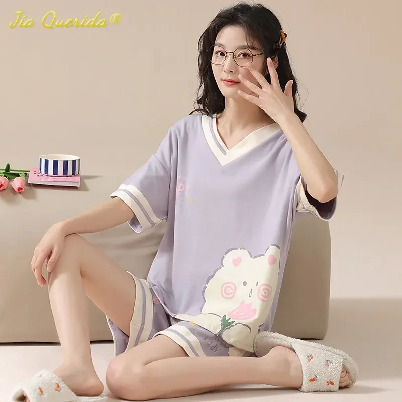 Kawaii Rabbit Print Women\'s Pajamas Set 100% Cotton High Quality Pijamas Short Sleeve Nightwear Fashion Lingerie Sleep Wear