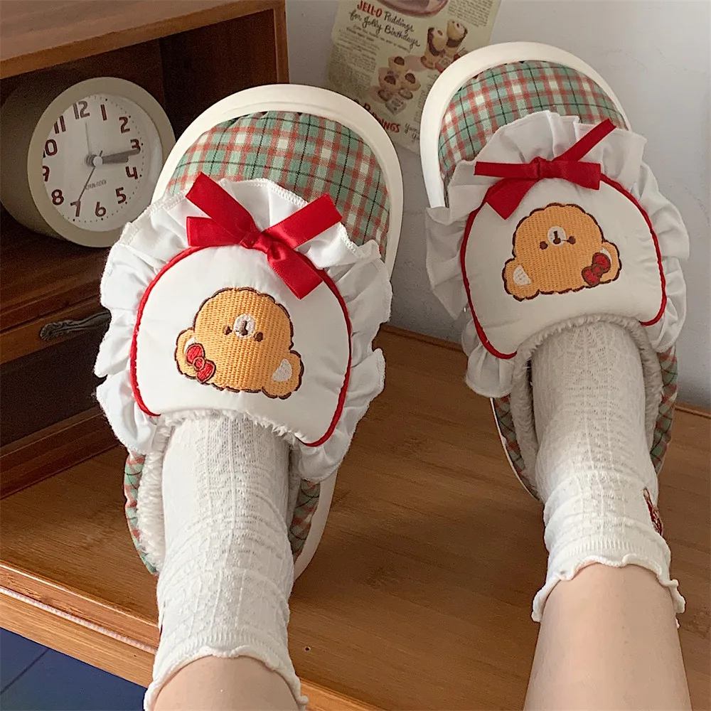 Cartoon cute bear warm bag head cotton slippers women's winter girl heart home cotton shoes soft-soled slippers