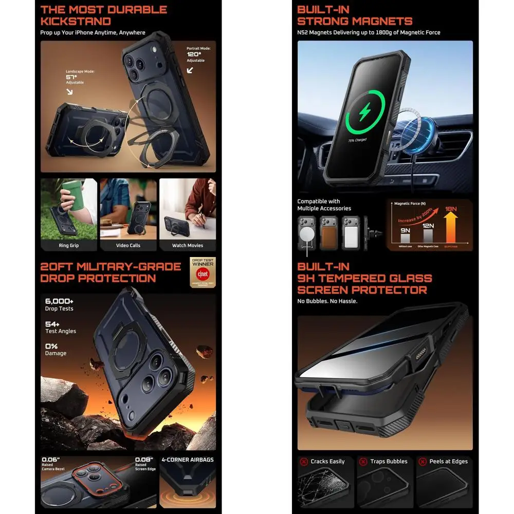 

Чехол для iPhone 17 Pro с защитной пленкой из закаленного стекла (UBGrip Pro), [крышка управления камерой] [совместим с MagSafe] [Buil