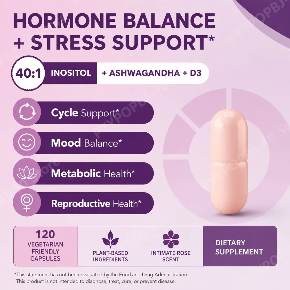 Myo & D-Chiro Inositol for Women 40:1 Ratio with Ashwagandha & Vitamin D3 Hormone Balance & Ovarian Health Support 120 Capsules view 4