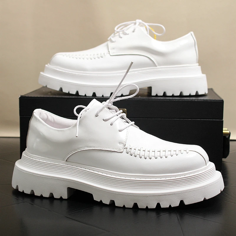 

Height-increasing Genuine Leather Shoes for Men White Casual Sneakers Thick-soled British Style Wedding Groom Shoes