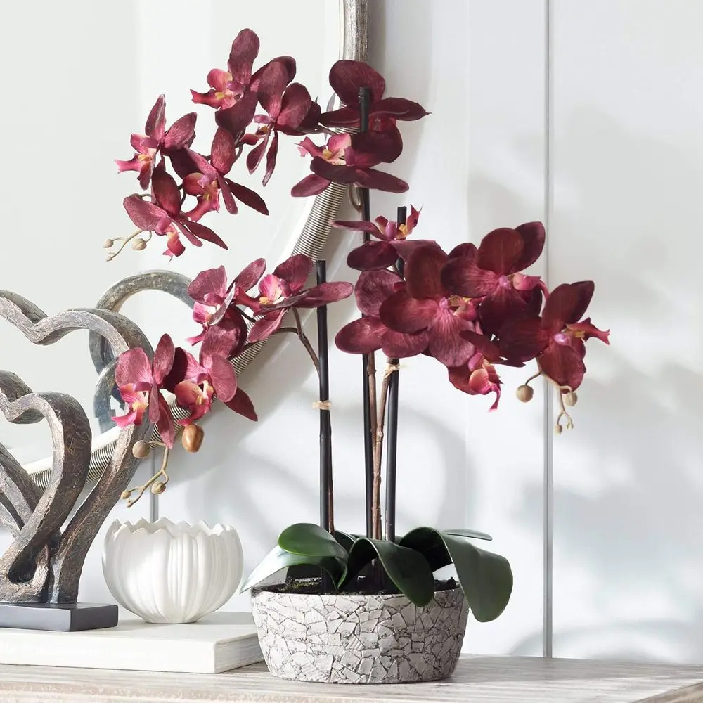 

24 Realistic Red Orchid Arrangement in Crackle Gray Vase for Home Decor