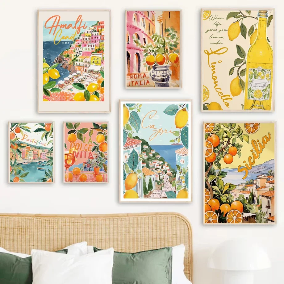 (No frame)Summer Romantic Landscape Art Poster Italian Style Modern Lemon Orange Fruit Drink Frameless Canvas Painting Home R