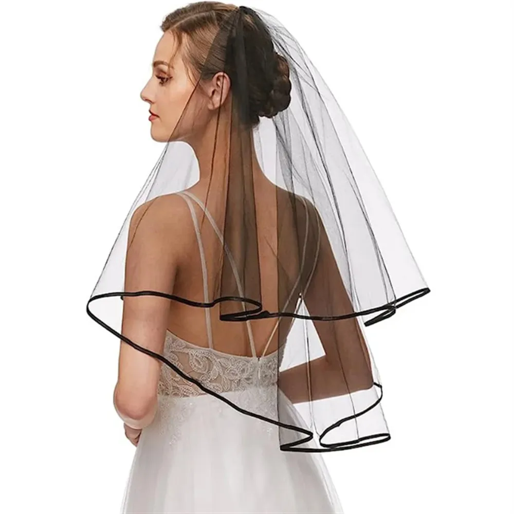 القوطية الشريط حافة الحجاب الزفاف للنساء اكسسوارات 2 طبقات مع مشط حفل زفاف الحجاب القصير اكسسوارات الزفاف تأثيري #2