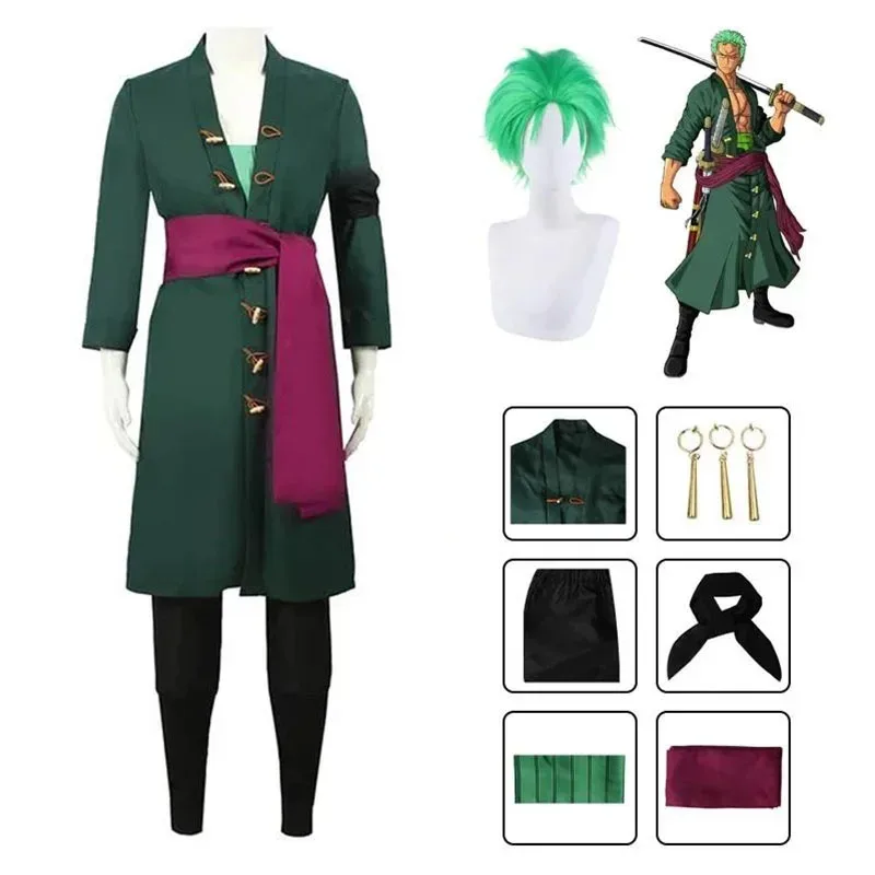 

Anime Roronoa Zoro Cosplay Costume Uniform Green Coat Belt Pants Head Scarf Roronoa Zoro Wig Earrings Halloween Men Clothes
