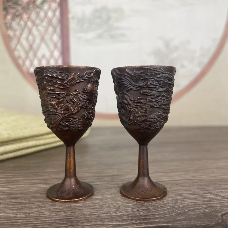 Alloy Dragon and Phoenix Wine Cup Ornament Household Goblet Gift Daily Use Decorative Ornament Small Wine Cup