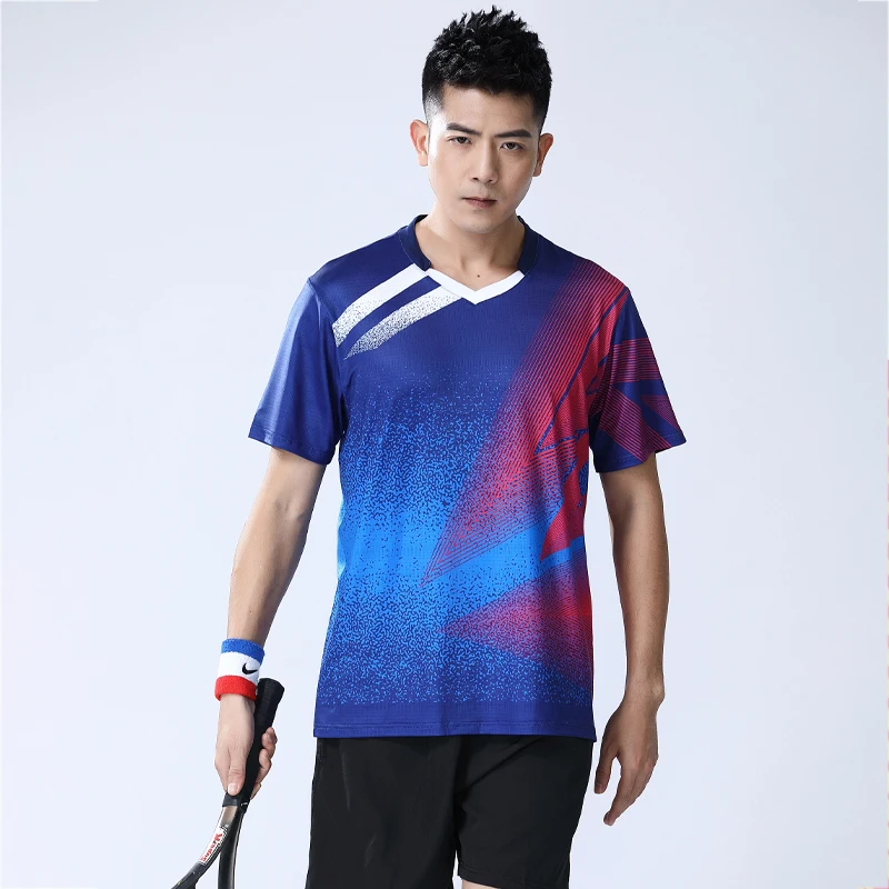 Men Badminton T-shirts Gradient Prints Casual Team Sport Short Sleeve Quick Dry Breathable Ping Pong Jerseys Tennis Shirts