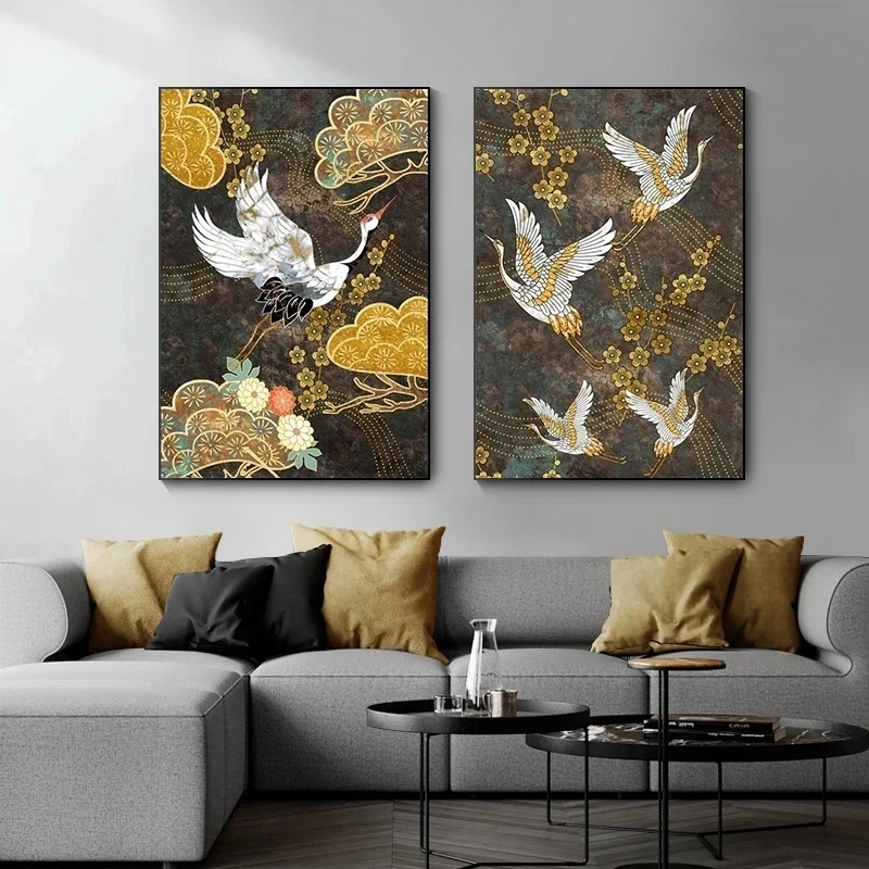 Retro Chinese Style Canvas Painting Golden Flying Crane Abstract Sun Animal Bird Posters Prints Wall Art Picture for Living Room