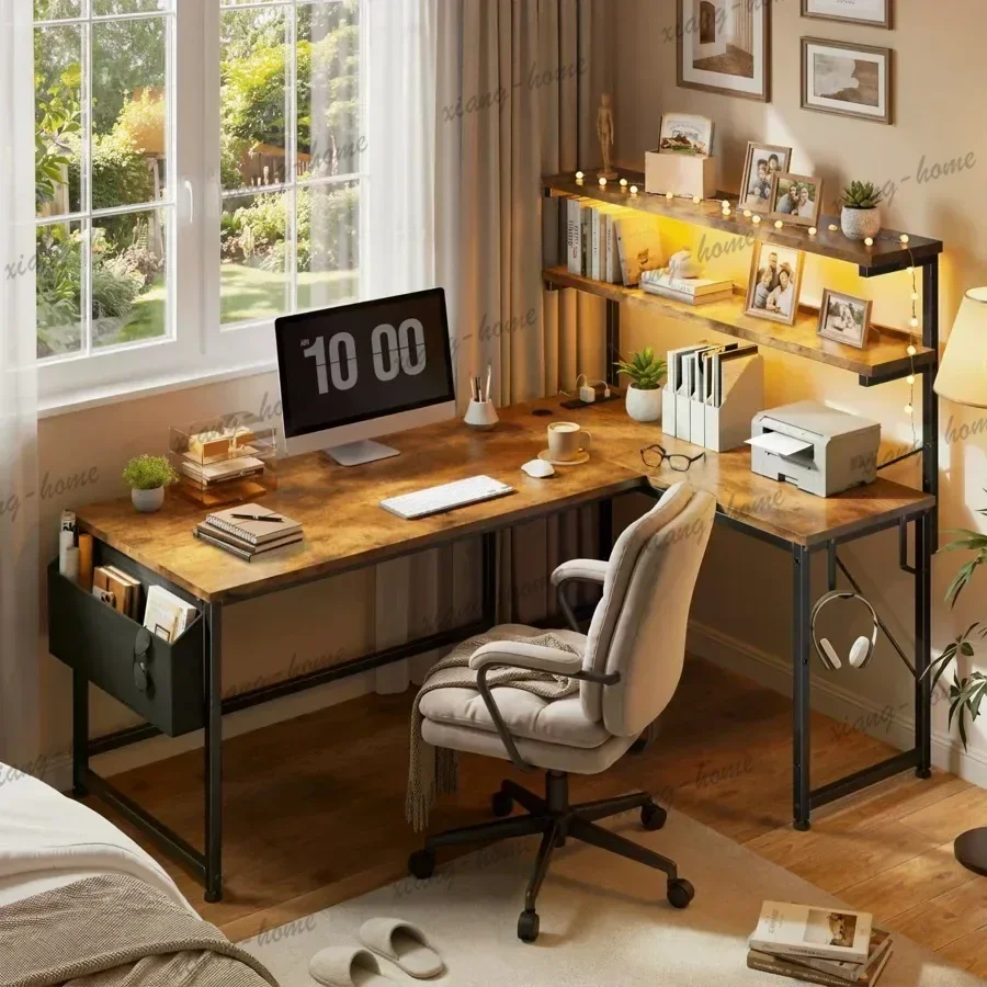 LD High Quality 43.3 Inch White Reversible L‑Shaped Desk, Gaming Computer Desk with Power Outlet and Storage Shelves