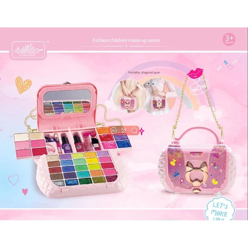 Kit de maquiagem lavável com espelho para meninas, maquiagem com bolsa, brinquedos pequenos de fingir, idade 3 +