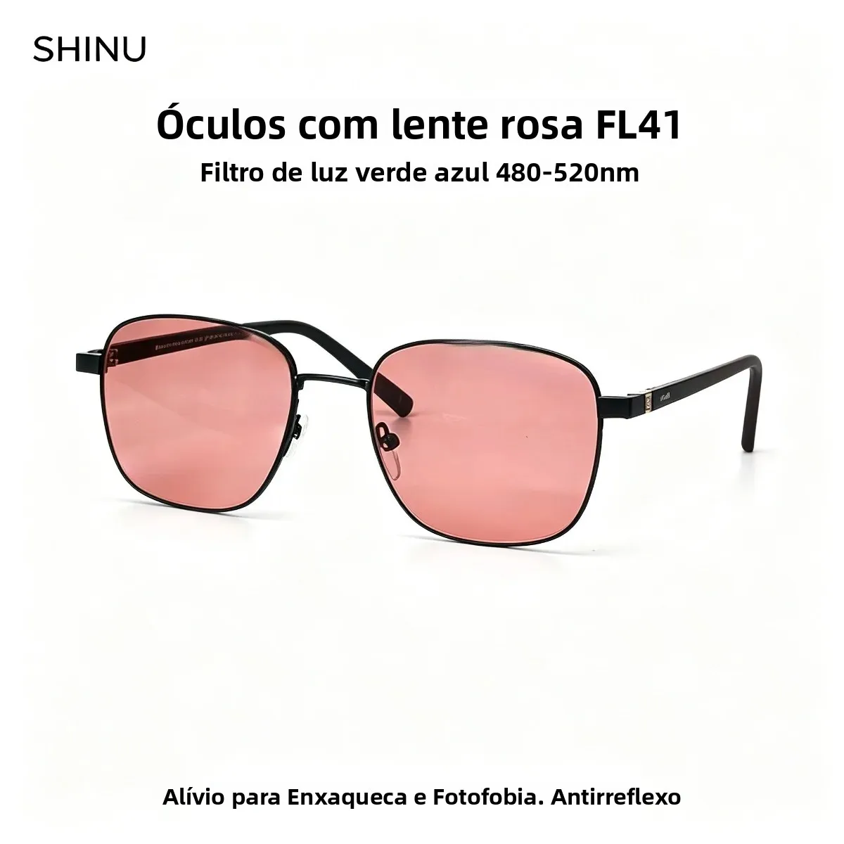 shinu-fl41-ローズレンズメガネ（男女兼用）、ブルーライト・グリーンライト（480～520nm）をカットし、片頭痛や光過敏症を緩和、眩しさを軽減するメガネ。