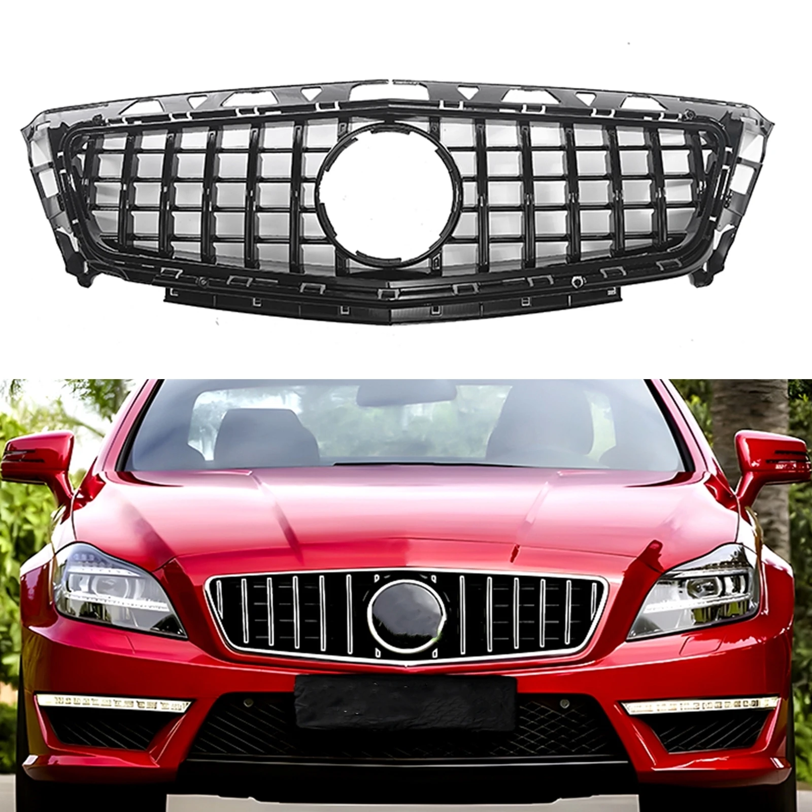 For Mercedes Benz W218 CLS63 AMG / CLS63 AMG S 2012-2014 Front Grille Grill GT Style Black/Silver Upper Bumper Hood Mesh Grid