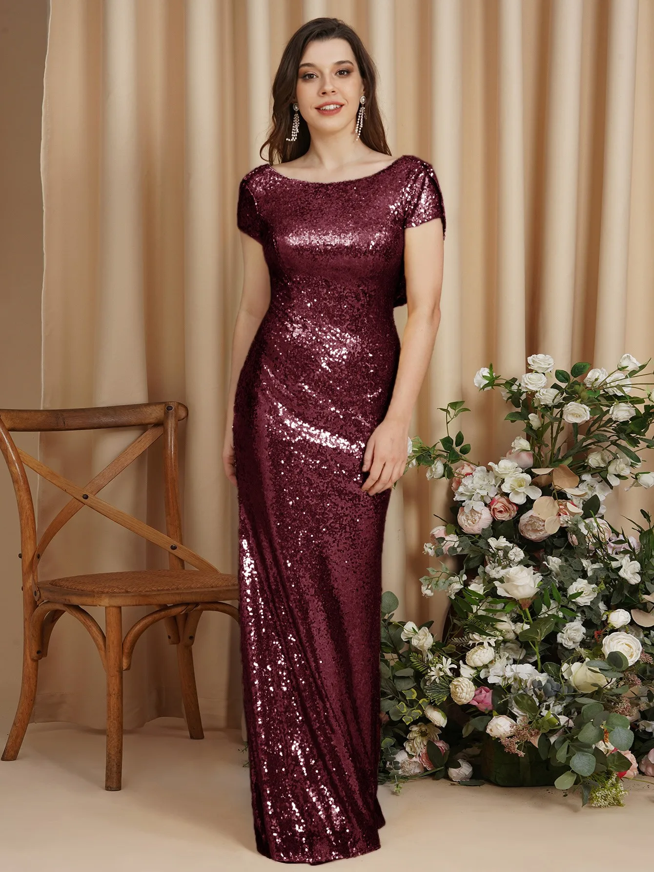 Women\'s Glitter Mermaid Dresses Shiny Sequins O Neckline Backless Short Sleeves Gowns Slim Trumpet Wedding Bridesmaid Dress